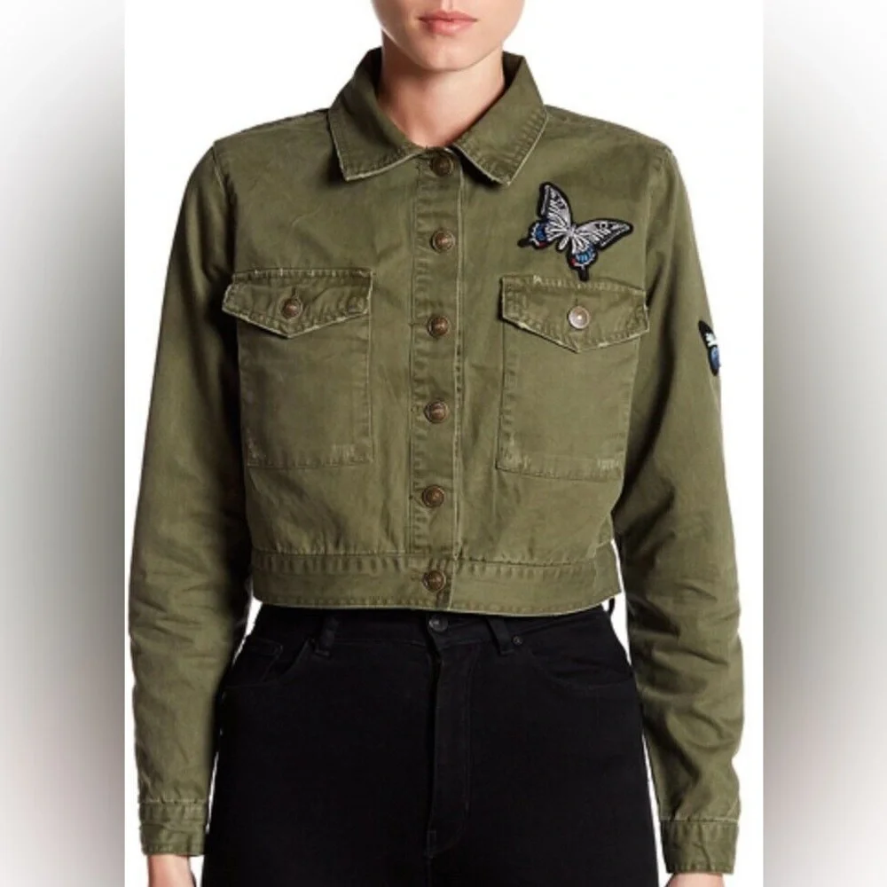 ⭐️ NWT Philosophy Olive Army Green Embroidered Butterfly Cropped Patch Jacket XS
